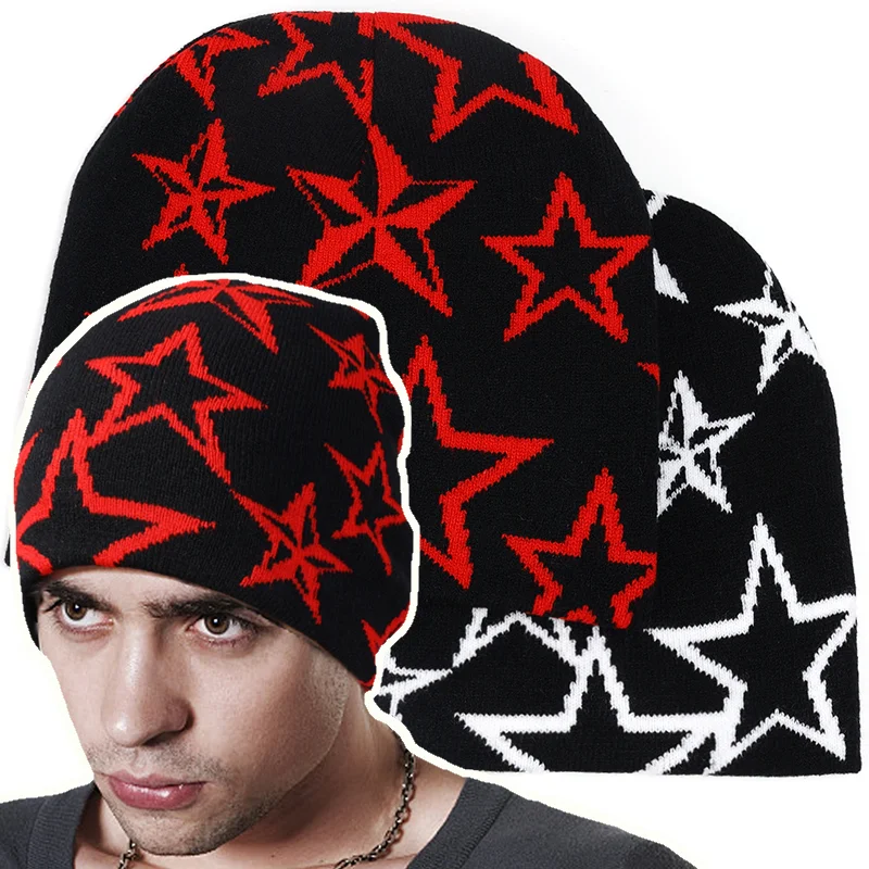 New Gothic Star Pentagram Beanies Caps Y2K Jacquard Knitted Warm Cap Hip Hop Unisex High Elastic Knit Hat Skullies for Women Men