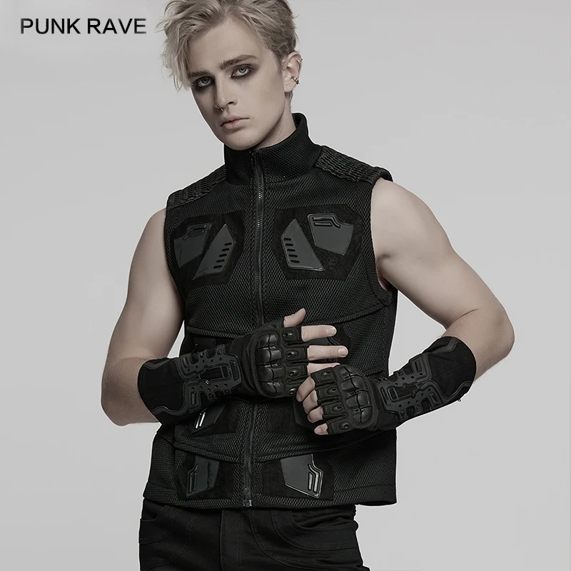 فاسق الهذيان الرجال Cyberpunk مطاطا محبوك و قفازات منسوجة المعصم الأسود المطاط درع بقع وسيم الجدة اكسسوارات 1 زوج #3