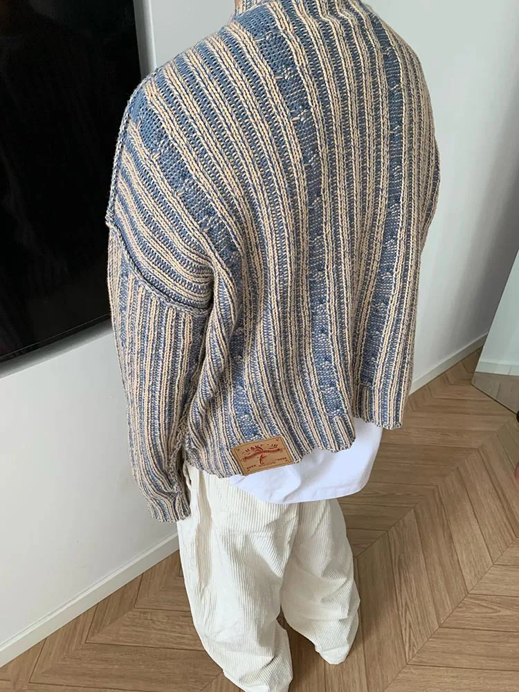 Men's Korean Style Sweater Retro Color Block Knitwear Loose Fit Round Neck Jumper Soft Casual Pullover for Autumn Winter Fashion