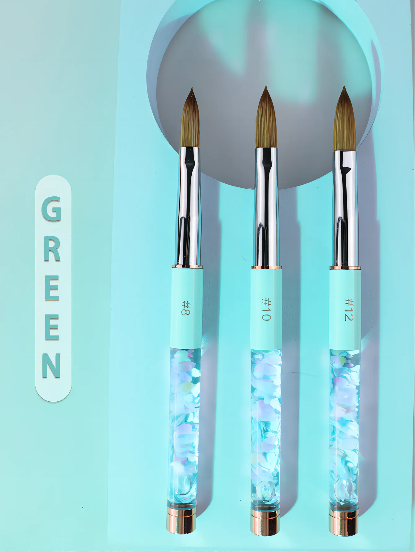 Olasalon 100% Kolinsky acrylic nail brush, acrylic nail brush for manicure, glittery with metal handle, mint Green urable