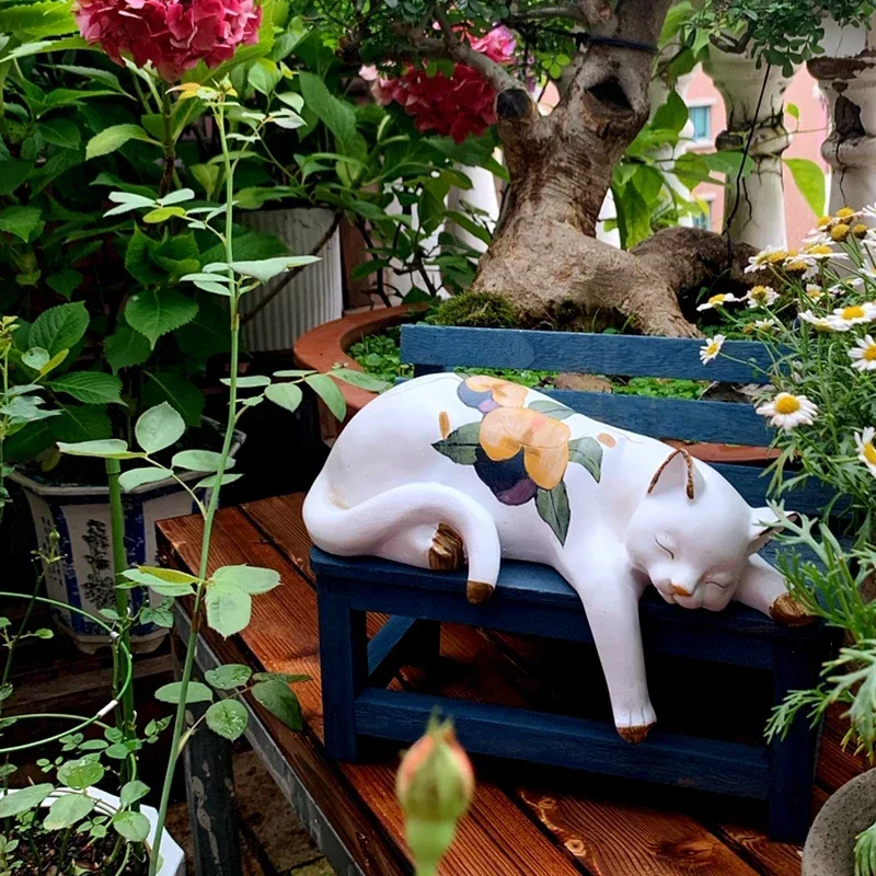 

Sleep Kitty Figurines American Vintage Garden Balcony Decoration Miniatures Resin Cute Originality Home Decor Estatua FYFM
