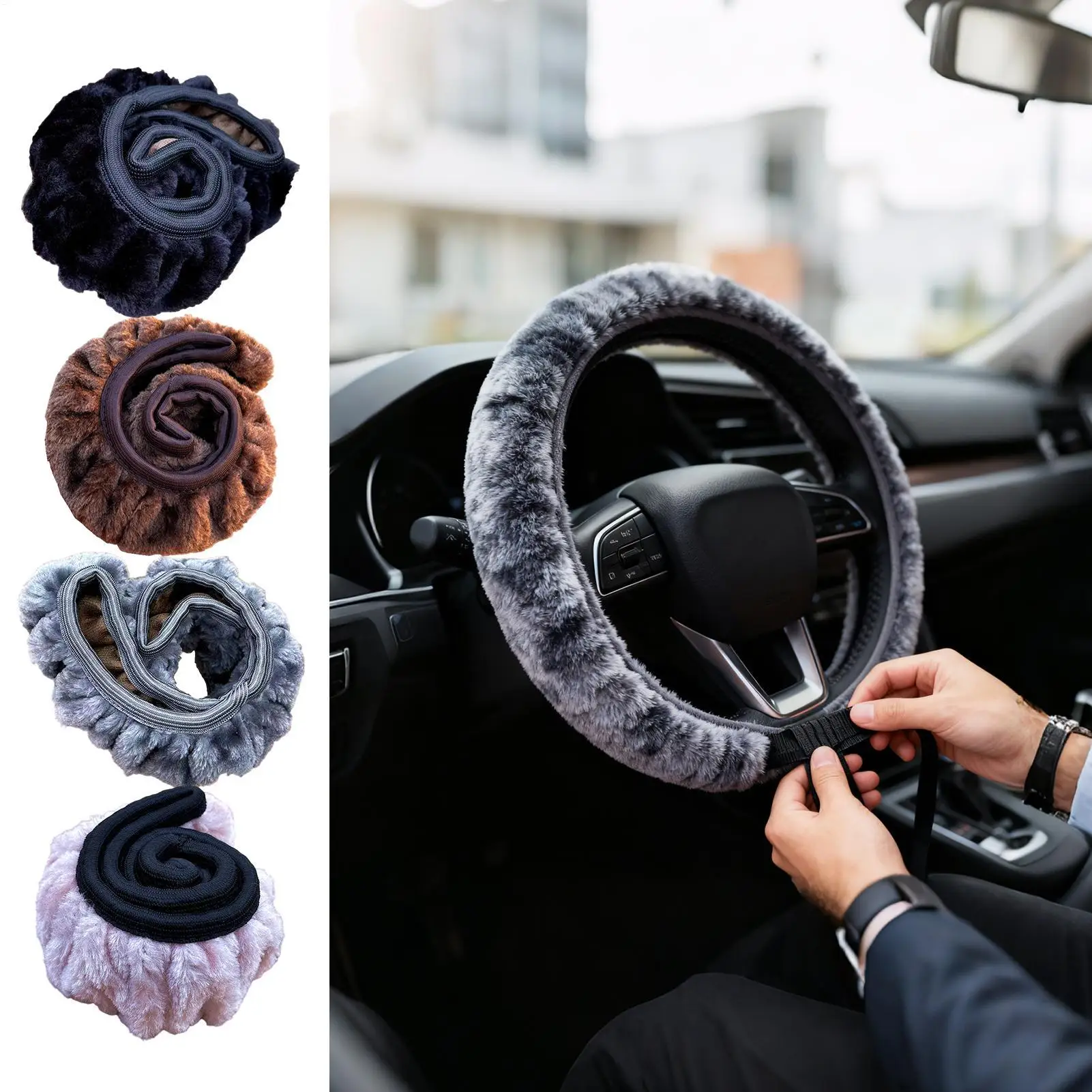 38cm Fuzzy Steering Wheel Cover, Elastic Anti-Slip & Warm Winter Protector For Cars, Sedans, SUV, Trucks RV Interior Accessories