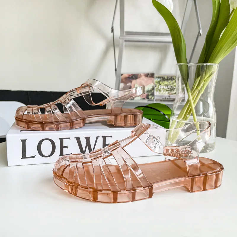 

Summer Baotou Roman Women's Sandals Jelly Shoes Outdoor Women's Flat Transparent Crystal Beach Shoes