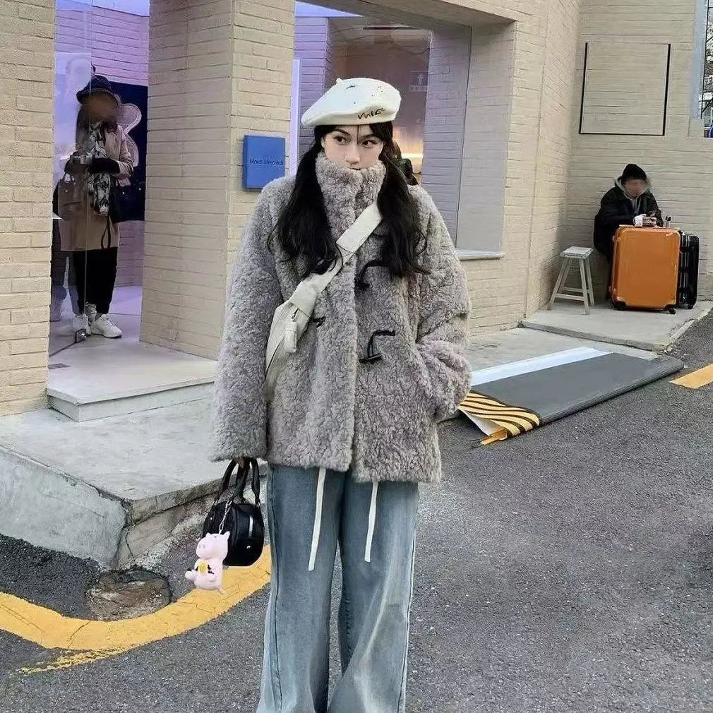 Winter Standing Collar Y2K Women Coat New Imitation Rabbit Fur Thickened Warm Loose Mid Length Korean Lamb Fur Wool Top