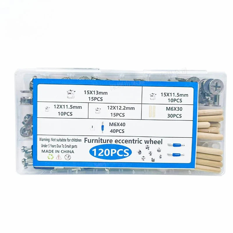 120Pcs Furniture Eccentric Cam Assortment Kit, Multi-size Nuts Bolts & Wood Dowel Pins Set