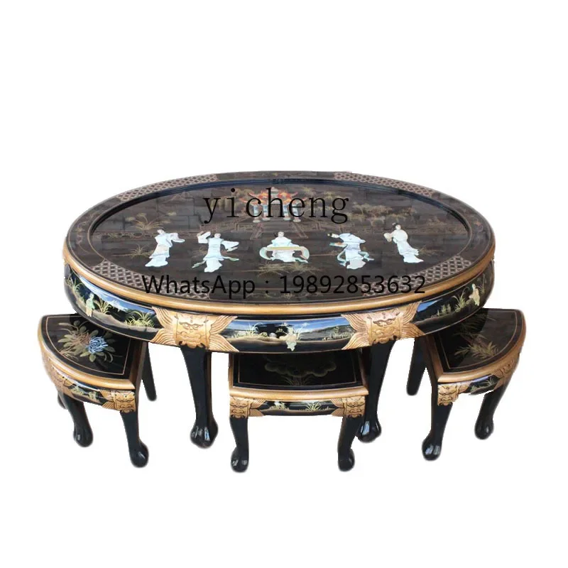 y9.3- hand-painted carved Huadan table, black stone flower dining table and chairs, one table and six chairs, Chinese furniture