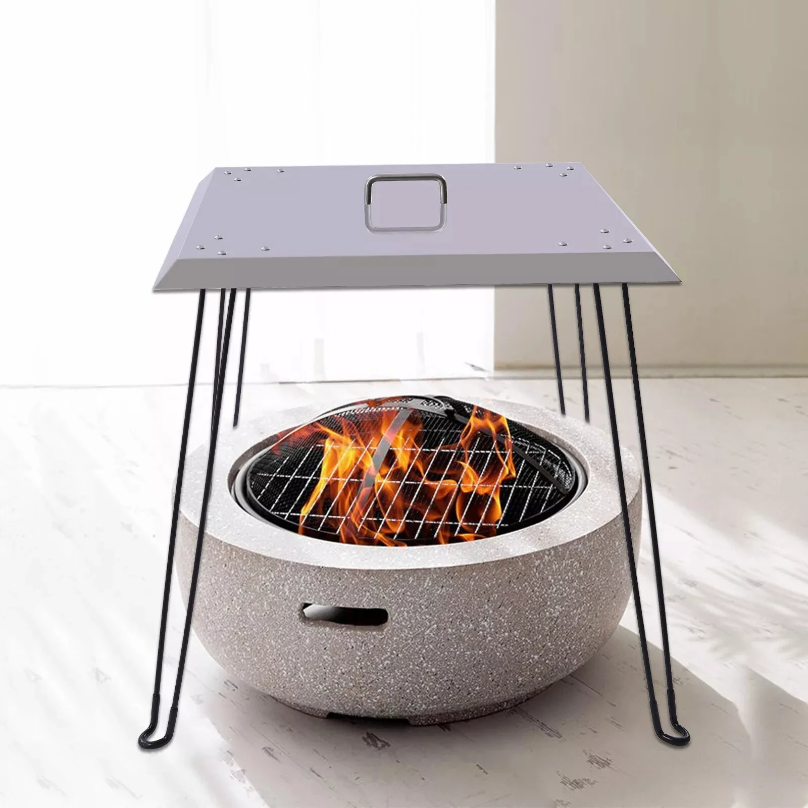

Stainless Steel Portable Fire Pit Lid, Square Heat Deflector Cover for Picnic
