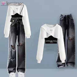 2024 Spring and Autumn Season Set Women's Korean Long Sleeved Sweetheart Tank Top Perforated Jeans Three Piece Set Pant Sets