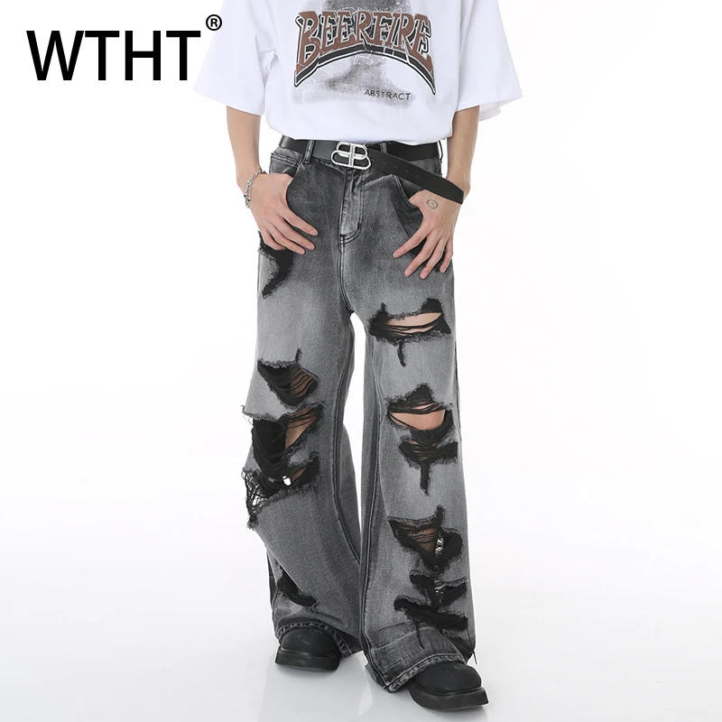 

WTHT Fashion Men's Irregular Hole Burr Edge High Street Denim Pants Vintage New Summer Loose Wide Leg Straight Jeans Male 2A0047