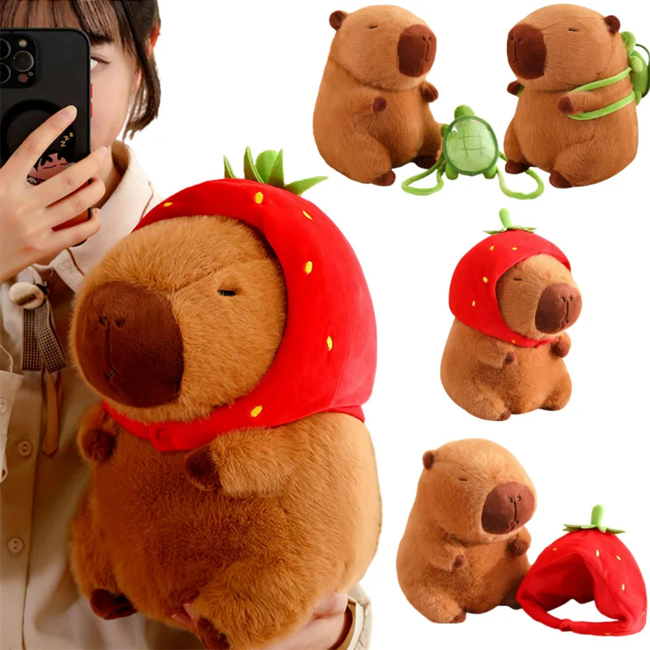 23cm Turtle Backpack Capibara Plushies Kawaii Strawberry Hat Capybara Plush Toys Simulation Stuffed Animals Kids Birthday Gifts