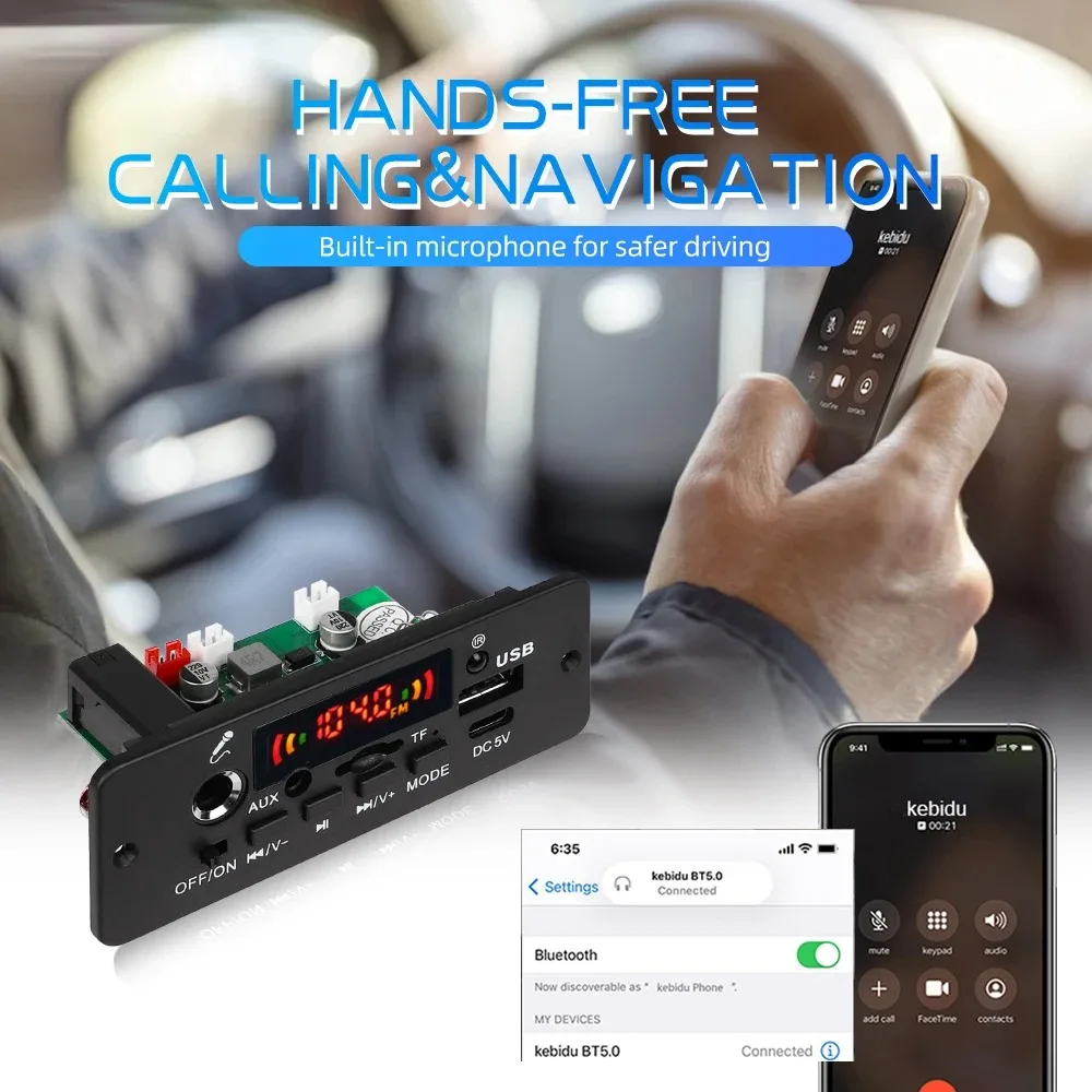 10W Amplifier Bluetooth 5.0 MP3 Decoder Board 5V Car MP3 Player USB FM Recording Folder Switching Microphone Handsfree Control