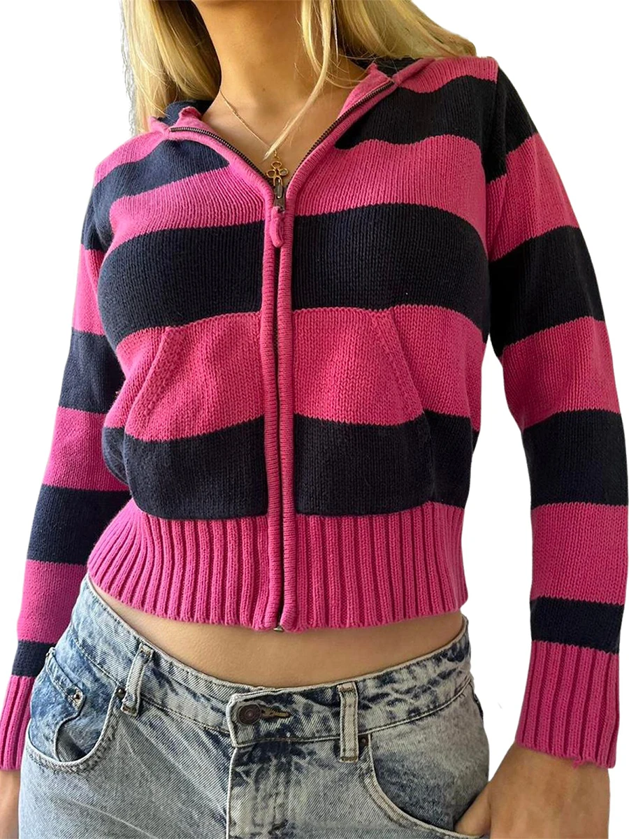 Women Y2k Stripe Hooded Zipper Long Sleeve Hoodies Fairy Grunge 2000s Knit Cardigan Slim Fit Hoodie Pocket Harajuku Streetwear