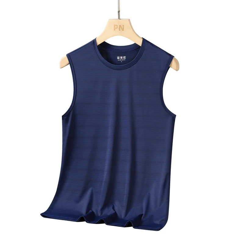 ฤดูร้อนใหม่คุณภาพสูงผ้าไหมน้ําแข็งแห้งเร็วรอบคอ Camisole เสื้อยืดกีฬากลางแจ้งผู้ชายแขนกุด