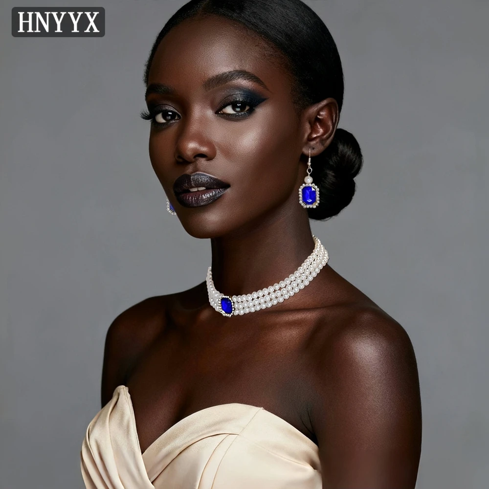 

HNYYX Pearl Jewelry Sets Earrings Necklace Bracelet Three-piece Set Fashion Accessories for Women Rhinestone Banquet Jewelry C01