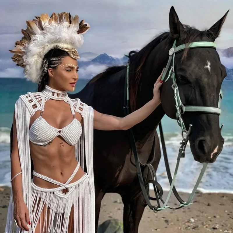 

Retro Greek Goddess Outfit, Handmade Cotton Rope Woven Tassel Long Skirt, Beach Swimwear Set, High-Necked Sexy Two-Piece Set