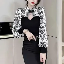 Vintage Chinese Disc Buckle Blouse Chic Cut Out Spring Autumn Women's Clothing Printed Spliced Slim Elegant Stand Collar Shirt