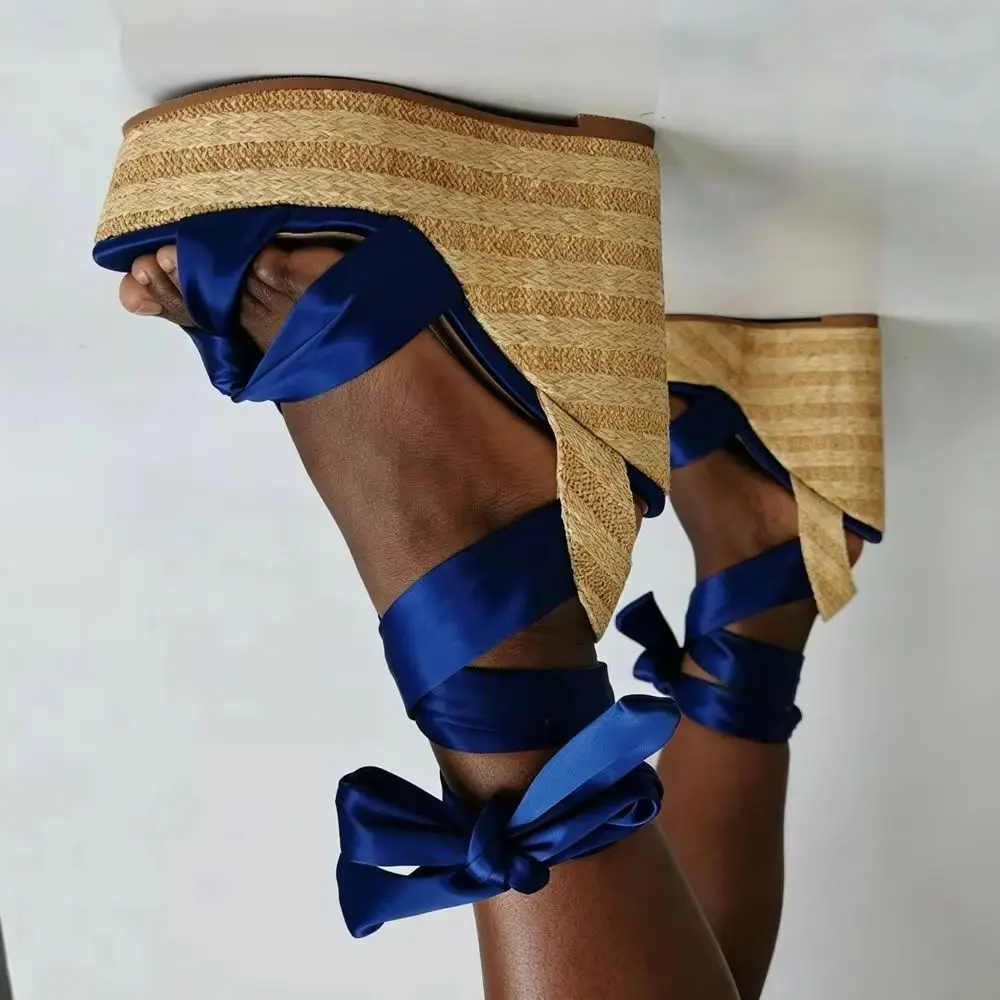 

Women Blue Satin Ankle Strap Espadrille Wedge Sandals 2026 Summer New Fashion High Heel Open Toe Platform Beach Wedding Heels