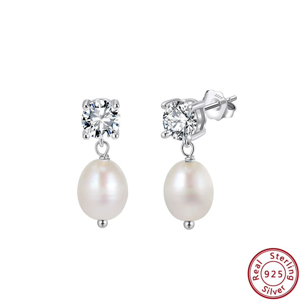 Pendientes de Plata de Ley 925 con Perlas de Agua Dulce de 8-9 mm y Circonita Cúbica Brillante, Regalo para Parejas, Joyería para Bodas y Fiestas, GPE131
