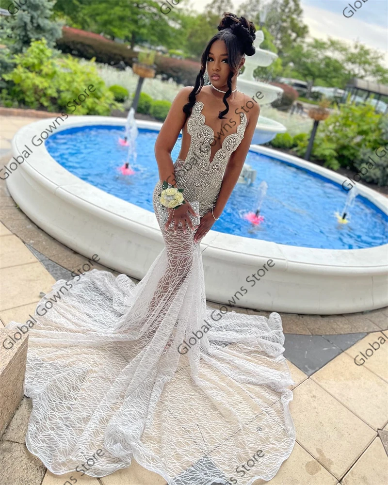 White O N Long Prom Dresses Black Girls Beaded Crystal Rhinestone 2024 Birthday Luxury Dress Mermaid Evening Dresses Customized