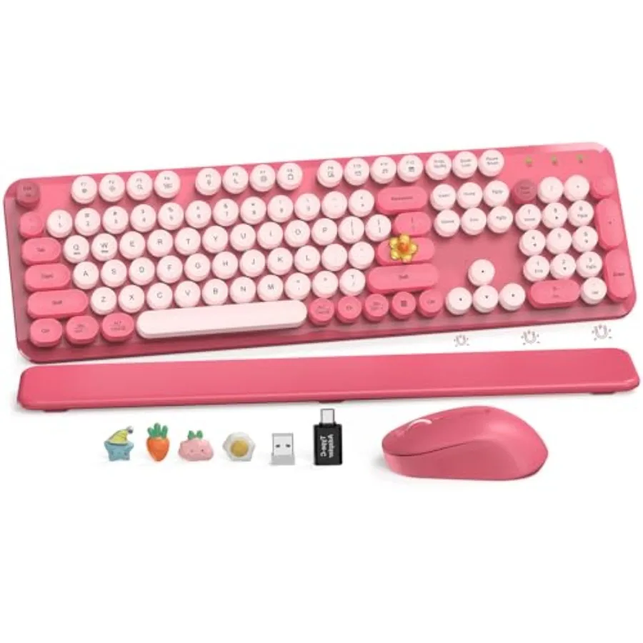 

Wireless Keyboard and Mouse Combo, Cute Full-Size Retro Typewriter Keyboard with Round Keycaps, Magnetic Wrist Rest, Tilt Legs,