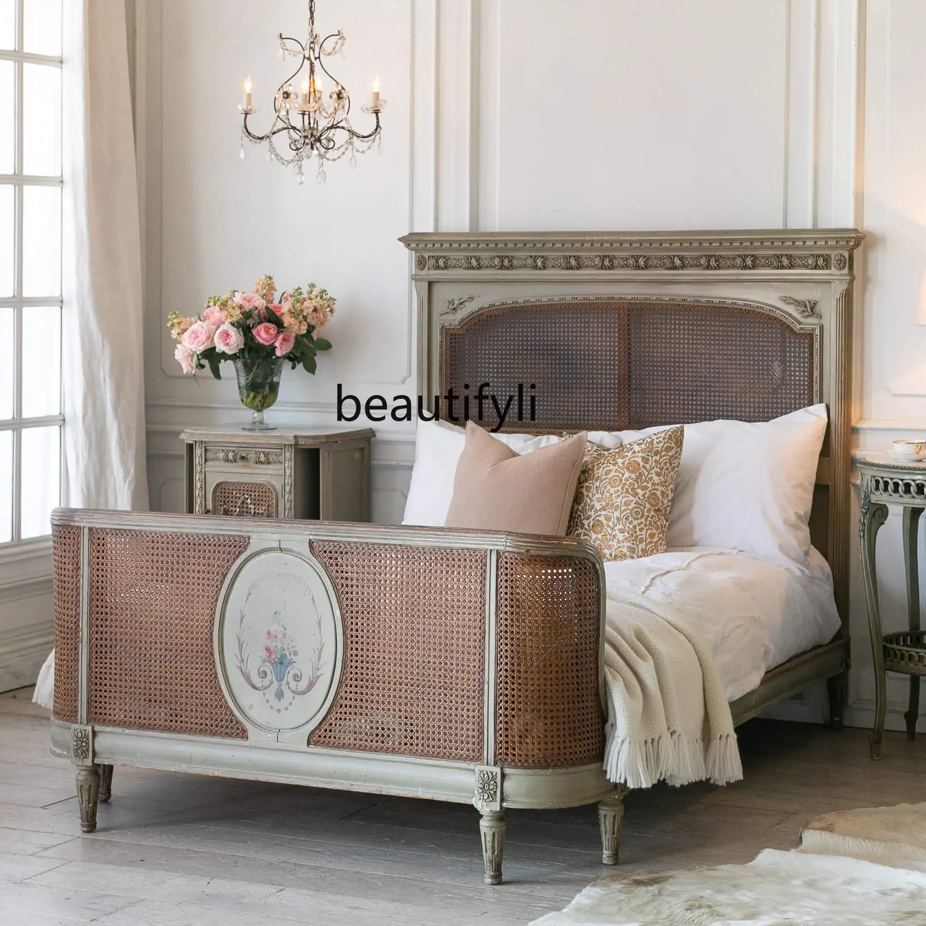 Rattan Queen Bed American Style French Style Vintage Solid Wood Double Bed Antique Bed