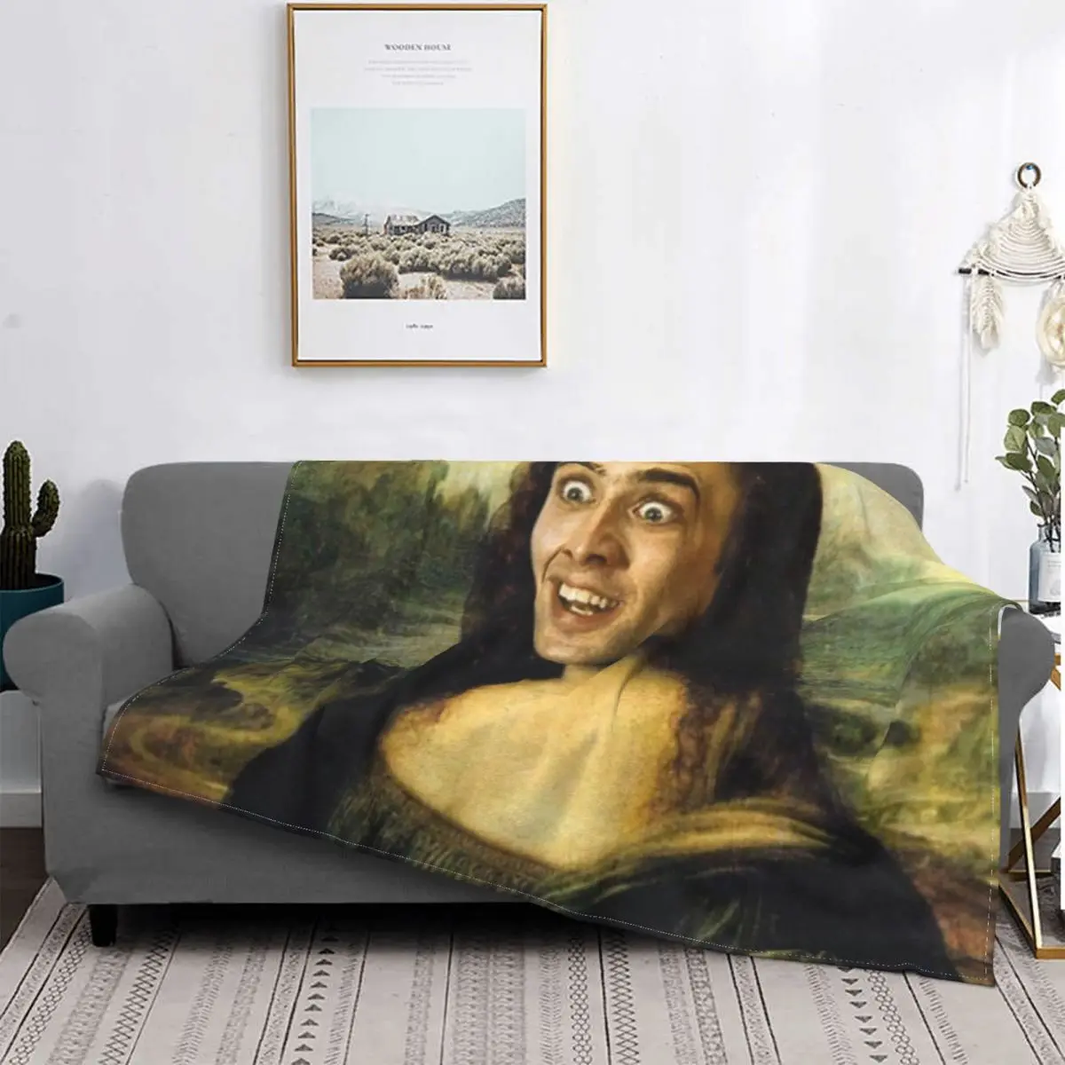 

3D Print Nicolas Cage Mona Lisa Funny Meme Blankets Comfortable Soft Flannel Autumn Throw Blanket for Couch Car Bed