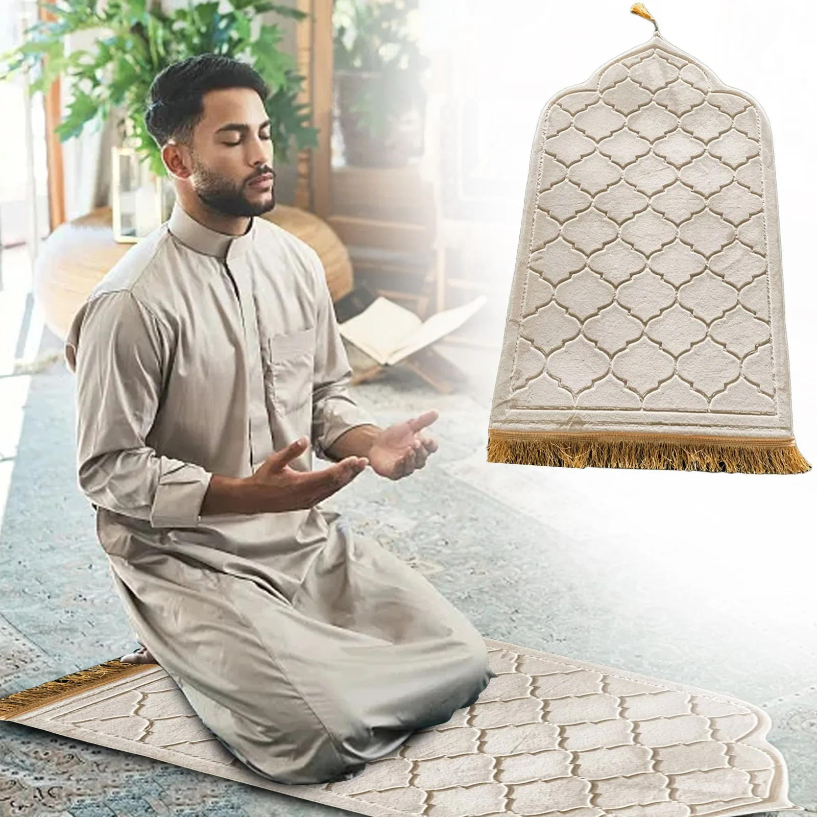 Muslim Prayer Mat Thick Soft Velvet Pressed Flannel Muslim Rug Portable Muslim Prayer Rug Turkish Prayer Blanket with Tassels