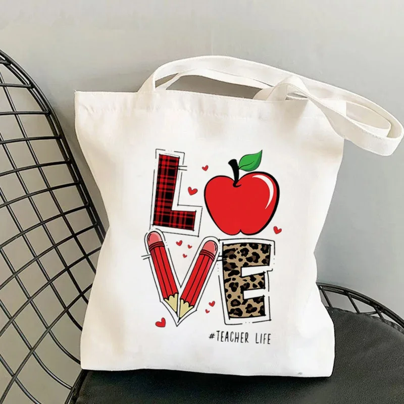 Teacher Themed Canvas Tote Bag Sunflower Apple Print Shoulder Bag For Daily School Office Shopping Gift For Teachers