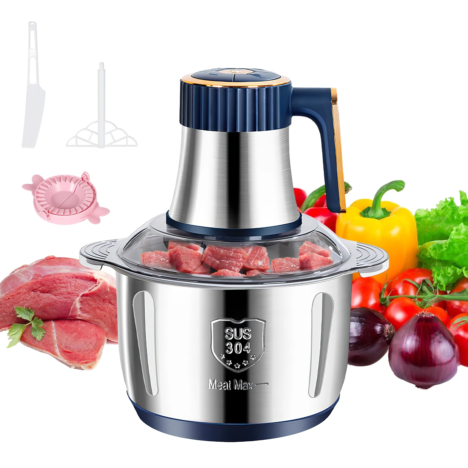 Picadoras de Carne Eléctricas de 5L, Trituradora de Alimentos de Acero Inoxidable, Procesador Multifuncional de Verduras, Picadora para Comida Casera para Perros