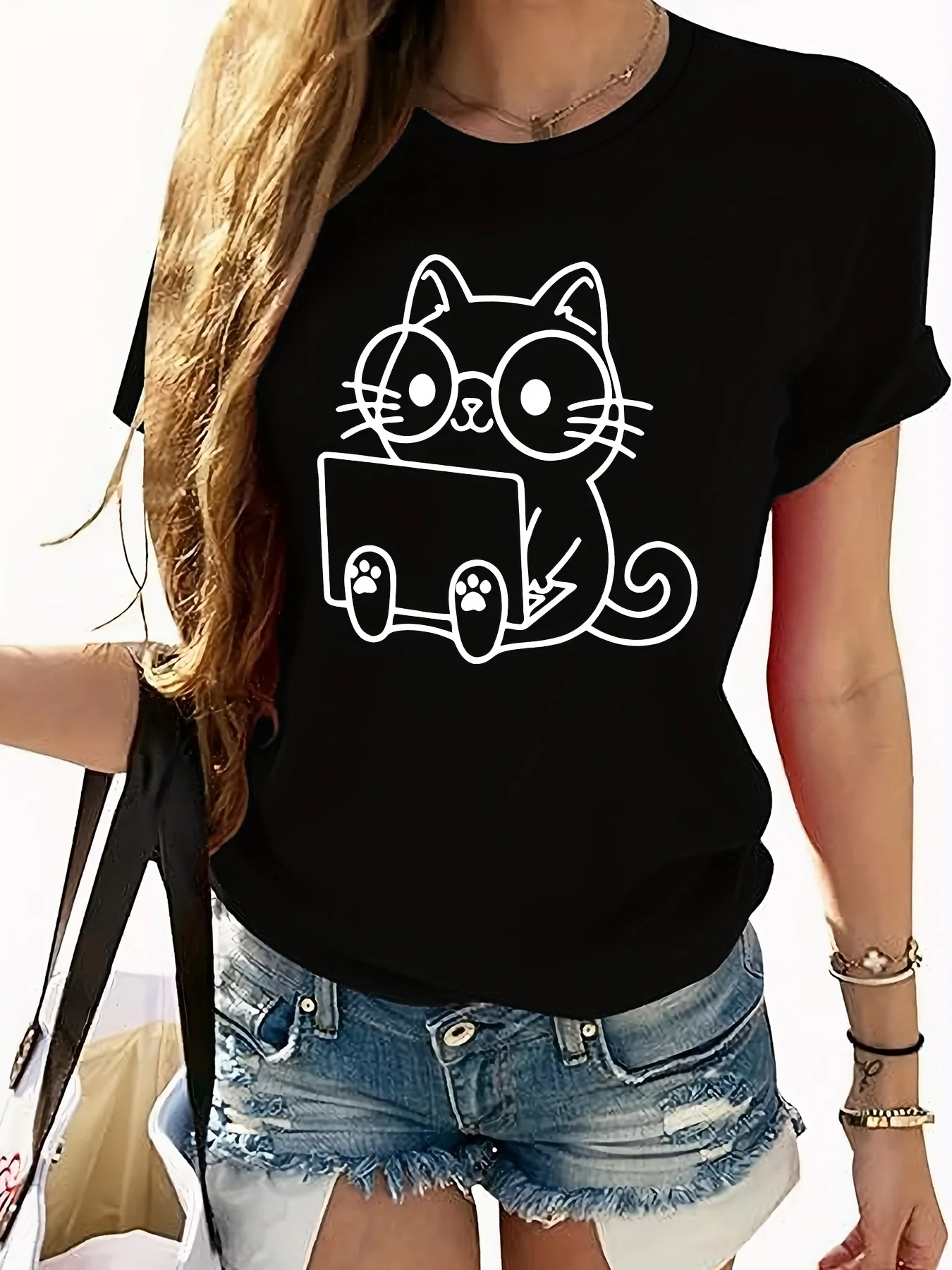 

Cartoon Cat Print Casual T-Shirt, Round Neck Short Sleeves Sports Tee, Women's Comfy Tops