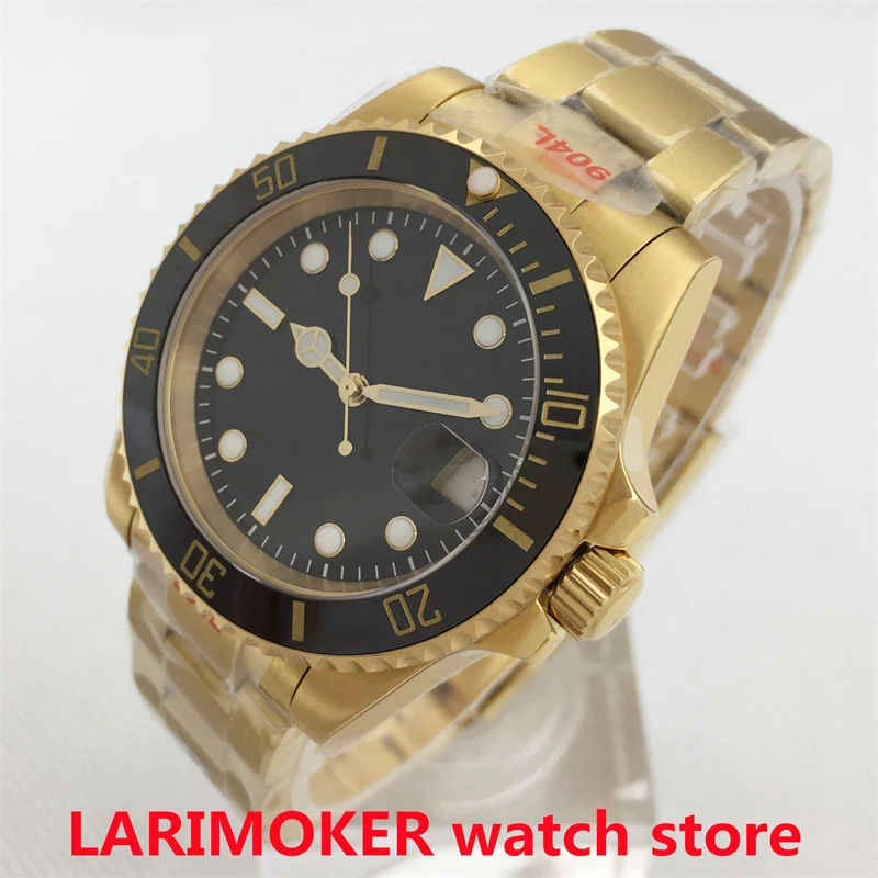 Bliger 40mm Gold Case Diving Luxury Mechanical Men's Watch 24 Jewels NH35A PT5000 Sapphire Ceramic Bezel Luminous Black Dial