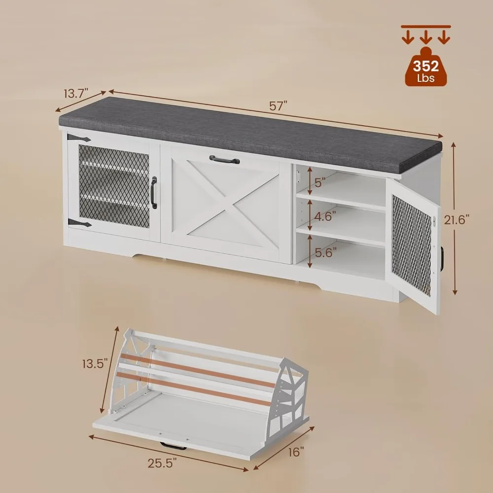 Rustic Storage Bench with Lift-Top Drawers and Cushioned Seat, Semi-Concealed Shoe Rack Organizer, Versatile Adjustable Shelf Sh