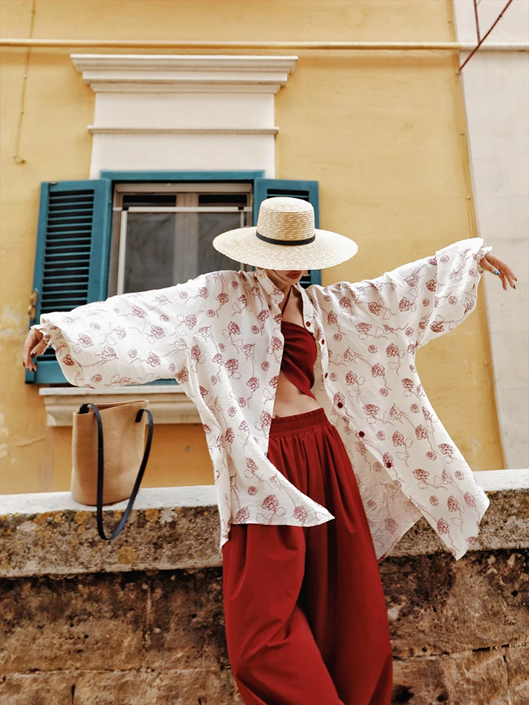 

TIYIHAILEY Spring Summer New Blouse Tops For Women Long Lantern Sleeve Tees Thin Rose Loose Shirt Turn Down Collar 2025 New