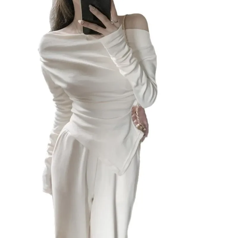 حار فتاة المشمش واحد الكتف قاعدة قميص المرأة سليم صالح غير المتكافئة طويلة الأكمام تي شيرت ربيع الخريف ملابس داخلية