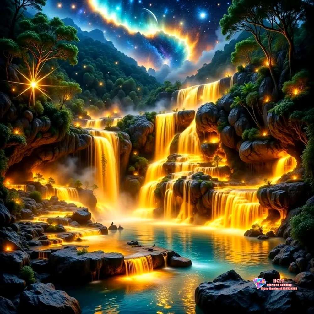 

Glowing Waterfall Forest with Galaxy Sky 5D DIY Diamond Painting Set with Square and Round Diamonds Crafts Home Decor Gifts