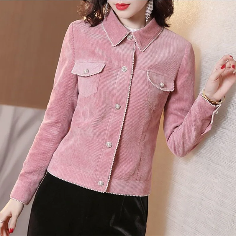 2023 Spring Autumn Pink Corduroy Short Jacket Women Small Coat Nail Bead Single-breasted Casual Outerwear Lady Tops With Lining