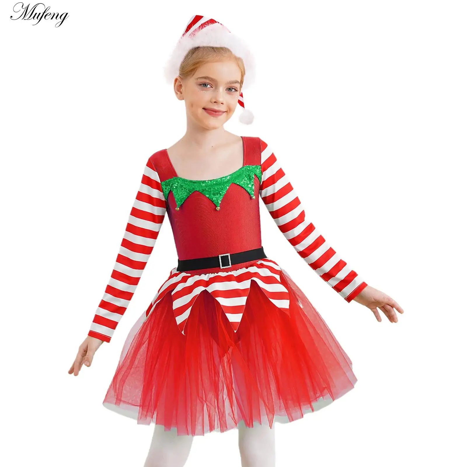 Kids Girls Ballet Dance Dress Christmas Elf Cosplay Costume Long Sleeve Striped Bells Sequin Tutu Leotard Hat for Show Dancewear