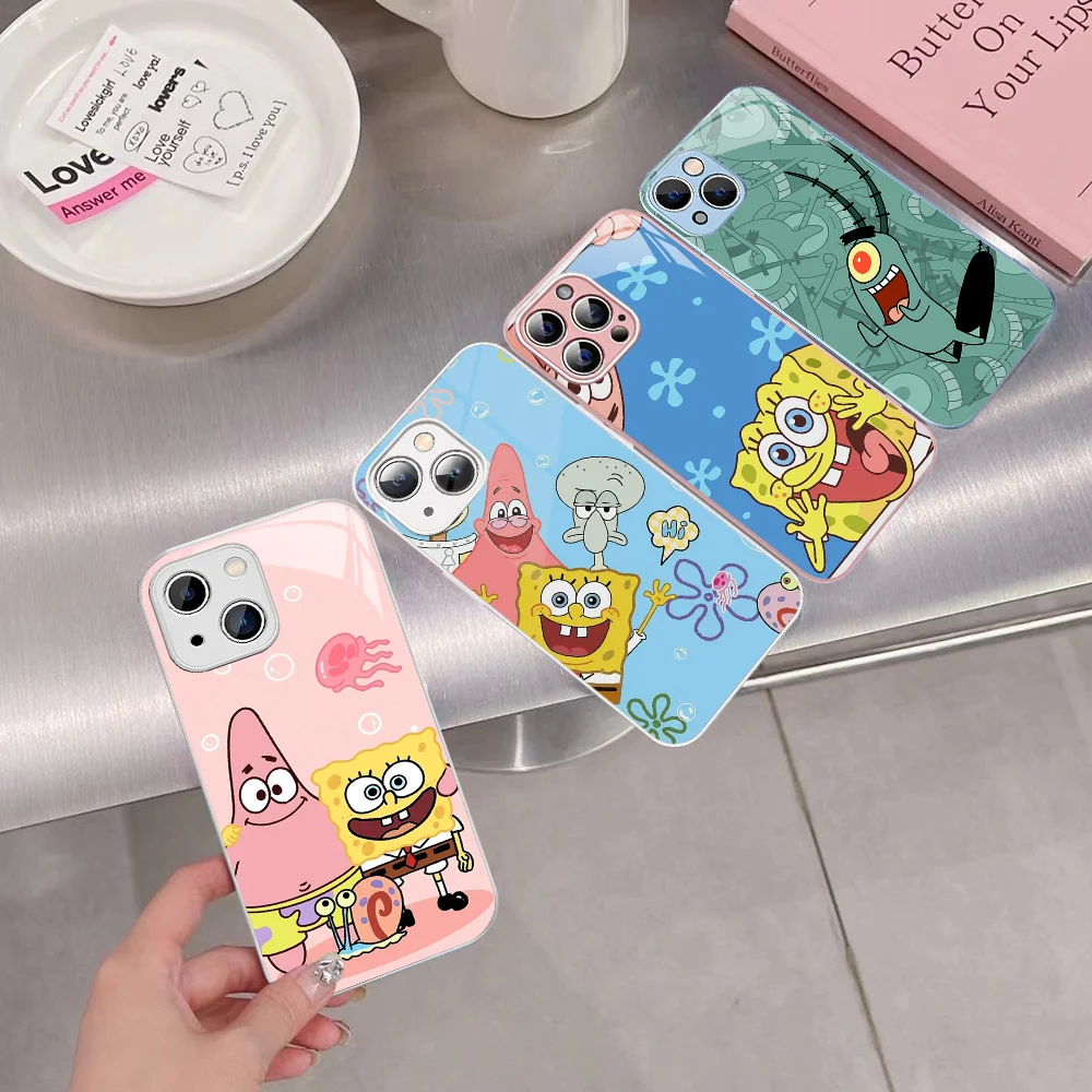 

Sponge-Bobs Cartoon Phone Case For iPhone 14 13 12 Mini 11 Pro XS Max X XR 14 Plus Tempered Glass Cover