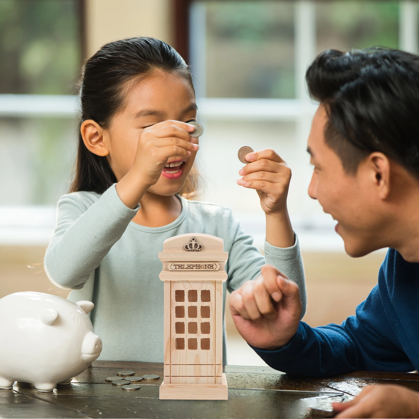 Currency Telephone Booth Money Bank Child Piggy Banks for Kids Wood Coin Storage Jar