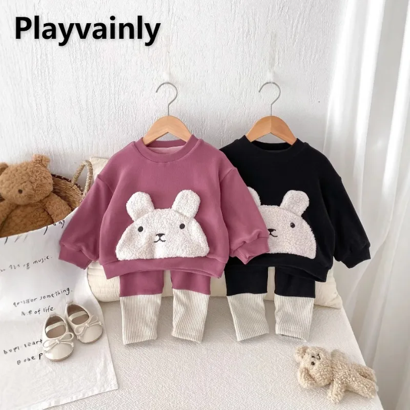 

Infant Toddler Cartoon Sets Rose Red Black Cute Bear Fleece Sweatshirts+Patchwork Color Pants Baby Thickened Warm Outfits Z724