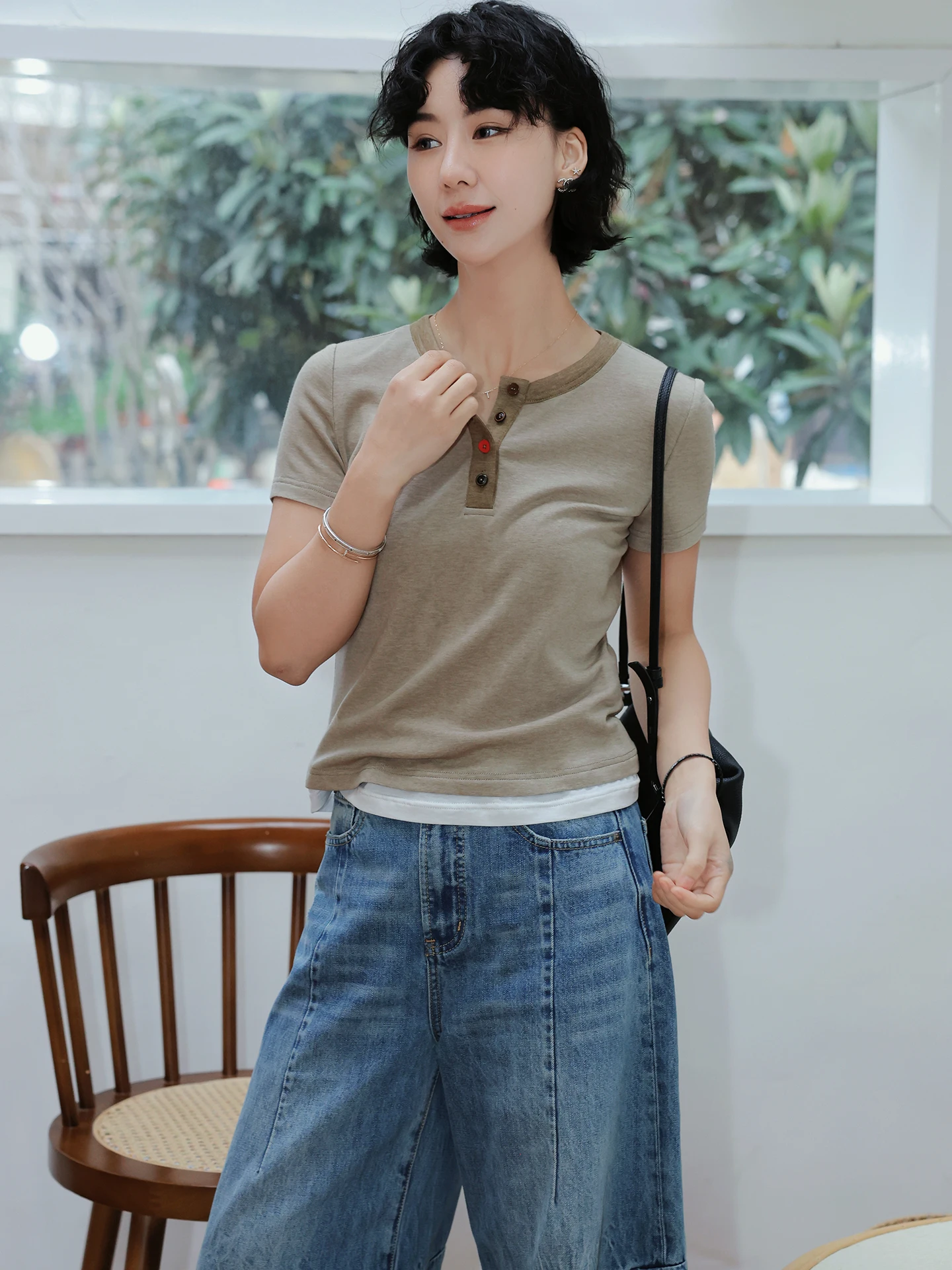 

TT Casual Soft Short Sleeve Henry Collar T-Shirt Color Block Love Inner Wear Loose Fit Polyester Rayon Silk Spandex ...
