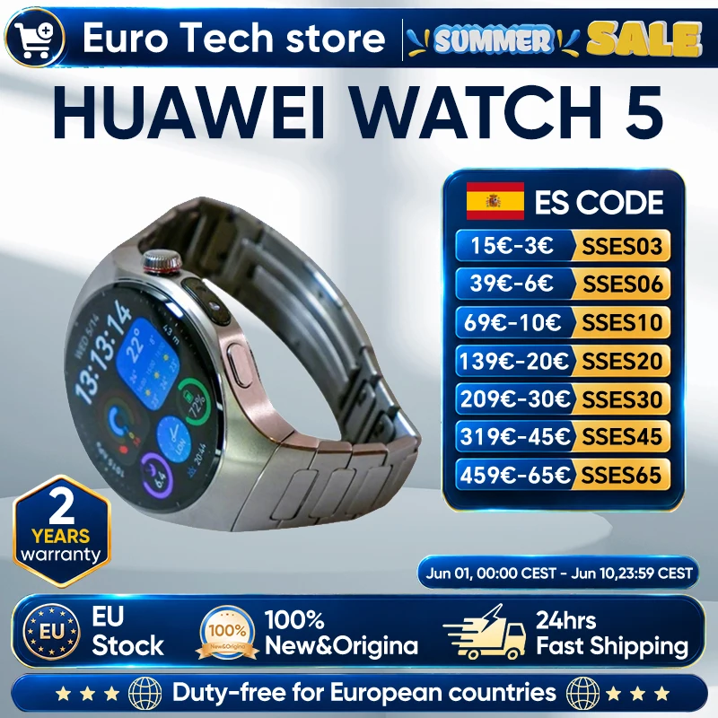 HUAWEI Reloj 5 Smartwatch 1,5 pulgadas AMODLED LTPO Cristal de zafiro 5ATM Impermeable GPS SpO2 Salud Wi-Fi HarmonyOS