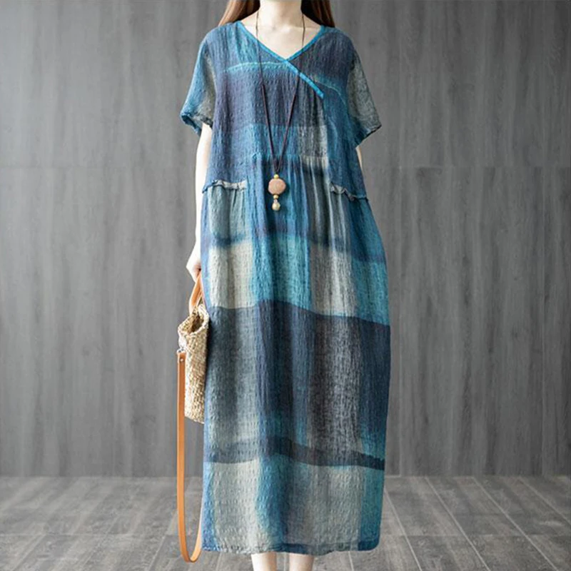 

Fashion V-Neck Spliced Pockets Printed Vintage Dress Women's Clothing Summer New Short Sleeve Casual Dresses