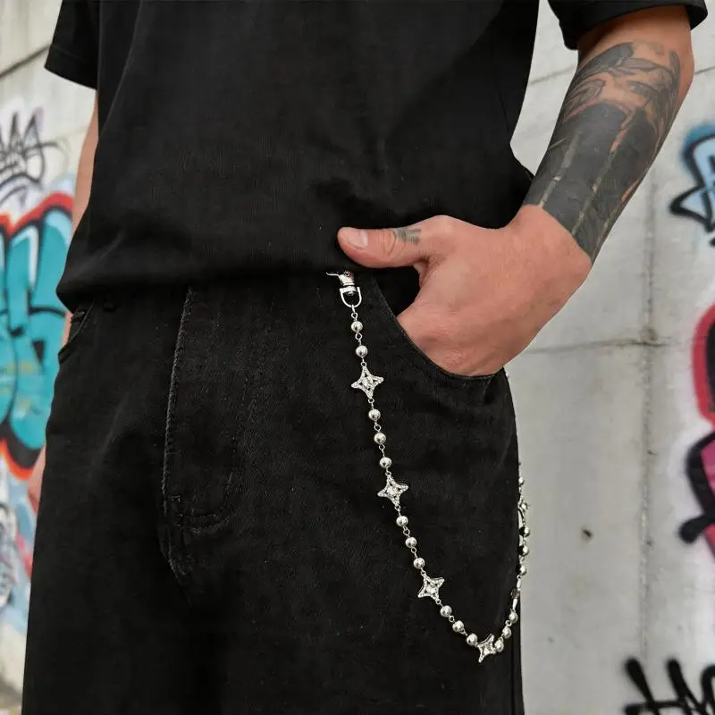 [YU]Vintage Hip Hop Crystal Star Waist Chain For Men, Beaded Four-Pointed Star Pants Chain, Punk Street Style Jean Hanging Chain