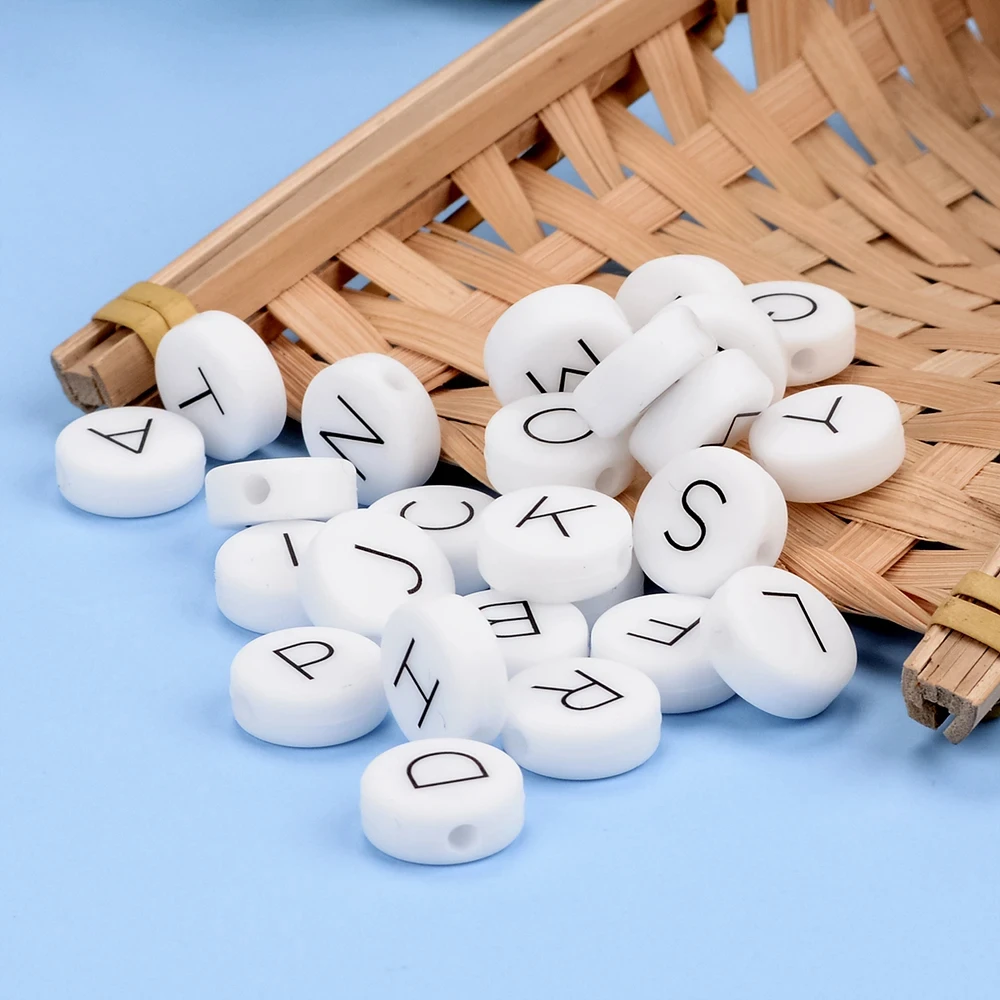 LOFCA 12mm 70PCS Flat Round Silicone Beads Food Grade Letter Alphabet Personalized Name DIY Keychain  Bead Jewelry Accessories