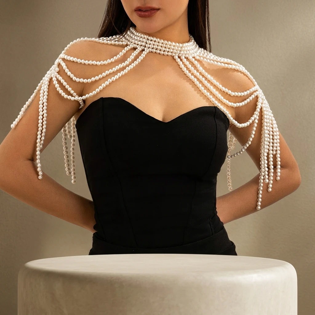 Retro Pearl Woven Body Chain Alloy Natural Freshwater Pearl Exaggerated Fashion Jewelry for Party Stage Photo
