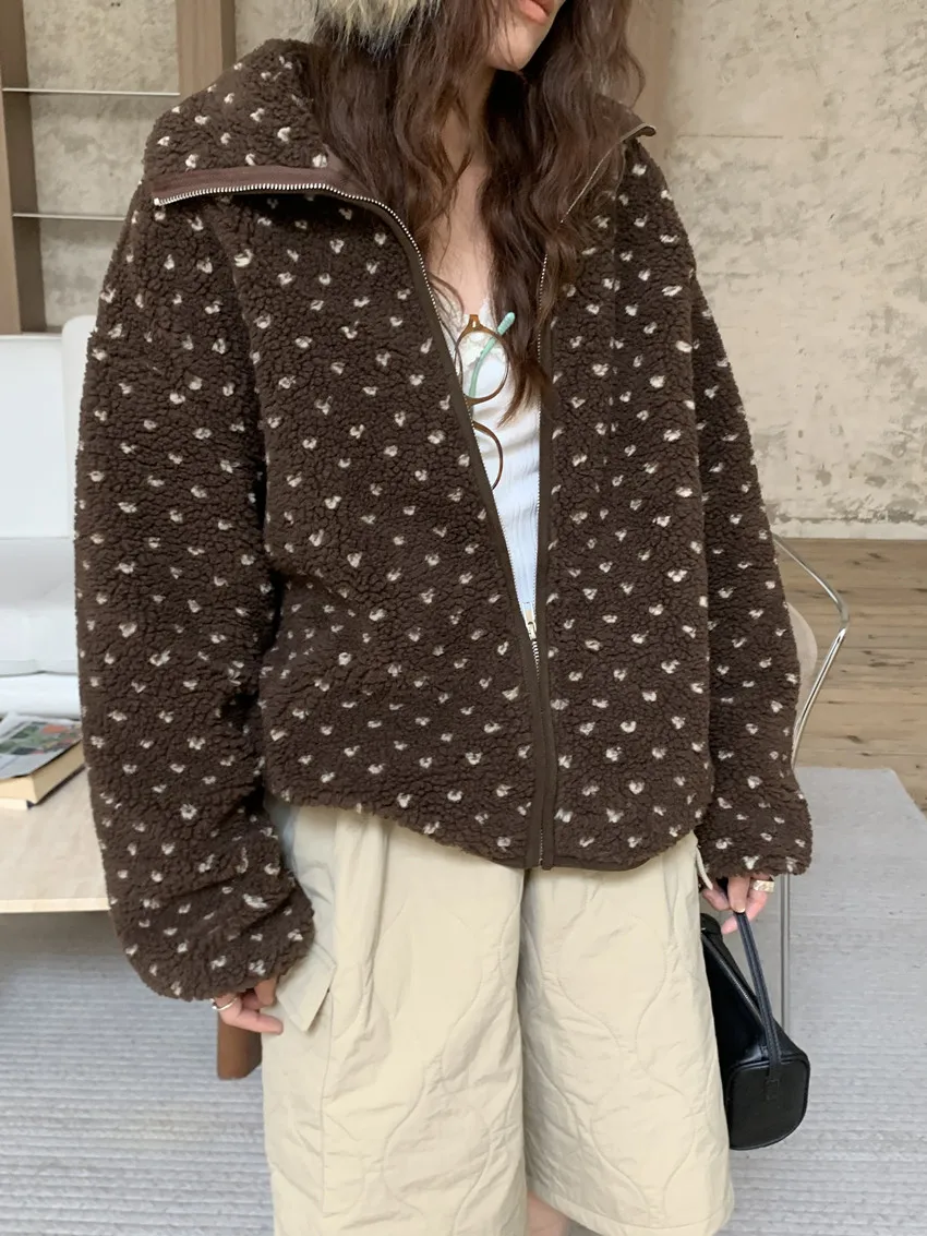 3 farben Herbst Winter 2026 Liebe Zipper Woolen Jacke frauen Casual Lose Lamm Pelz Koreanischen Stil Warme Mantel Weibliche (T2588