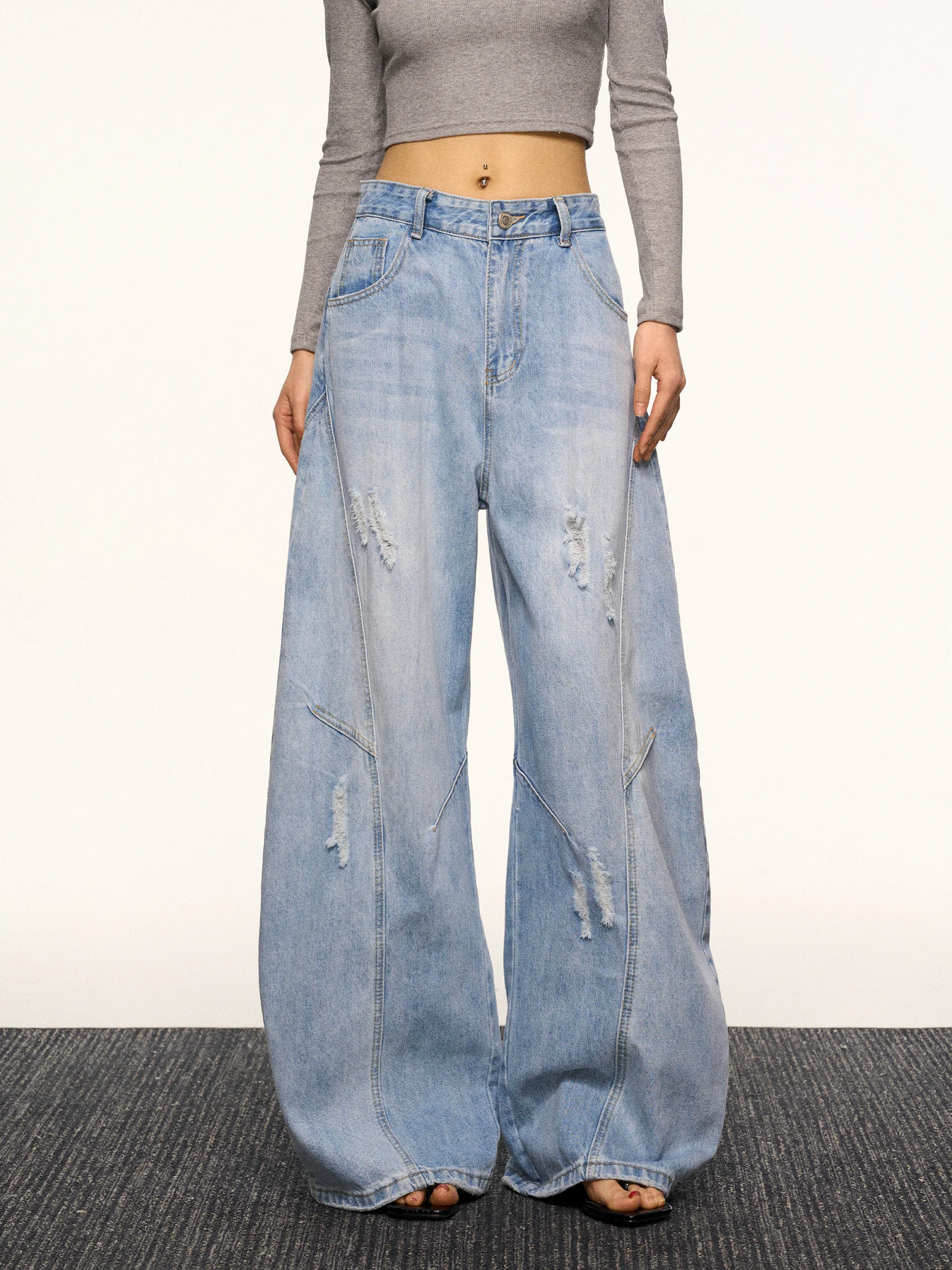 

Джинсы Aaisup с американской талией и деконструированными ножками, женские летние дизайнерские прямые брюки с отверстиями, подходящие для всех широких брюк