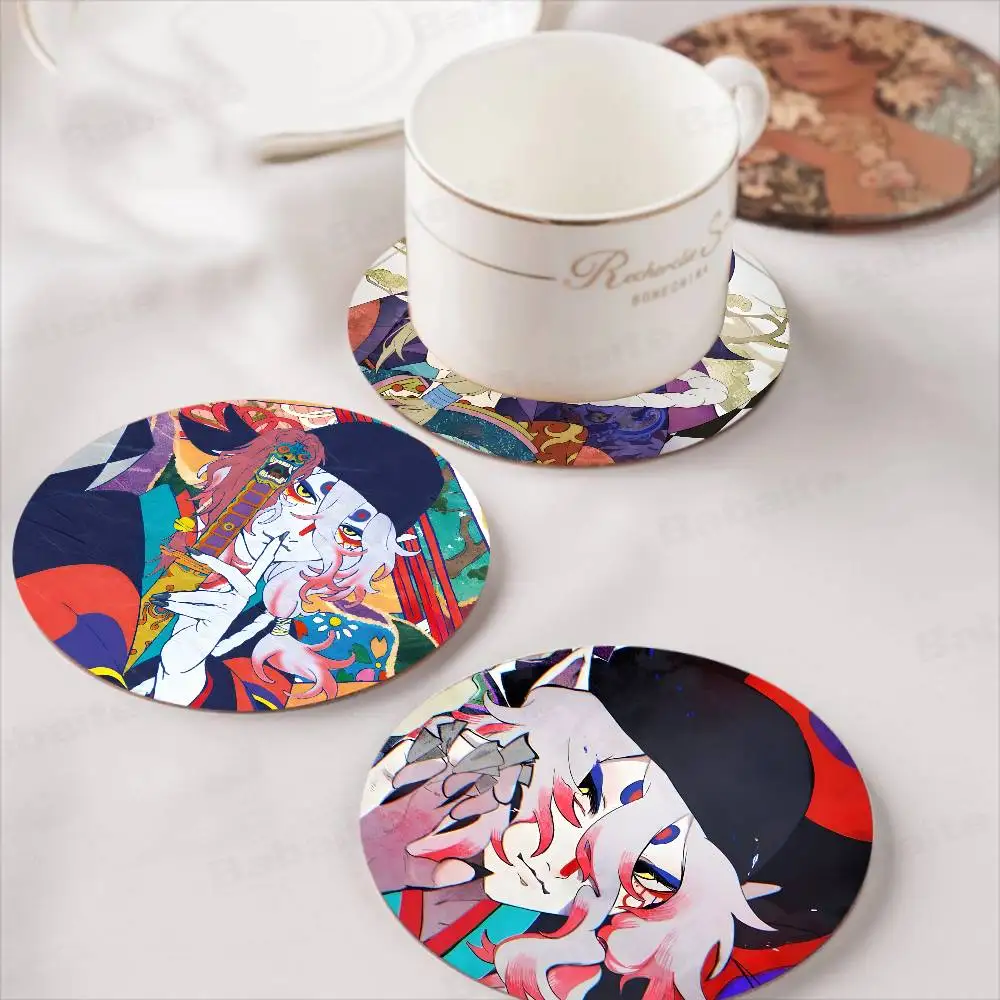 Anime M-Mononoke Themed Wooden Coaster Non-Slip Heat-Resistant Fun Dining Table Decoration Cafe Restaurant Gifts
