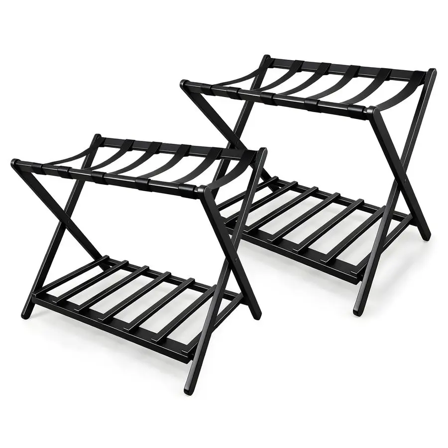 

Assembled Luggage Rack for Guest Room, Upgraded Metal Foldable Suitcase Stand with 6 Nylon Straps and Shoe Shelf Nylon Black 2PC